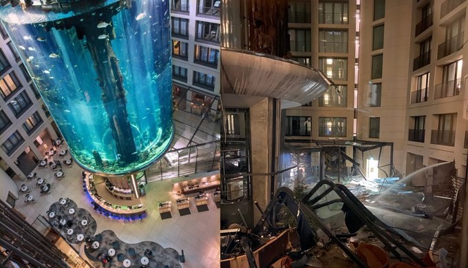 انفجار أكبر حوض سمك في العالم بأحد فنادق برلين