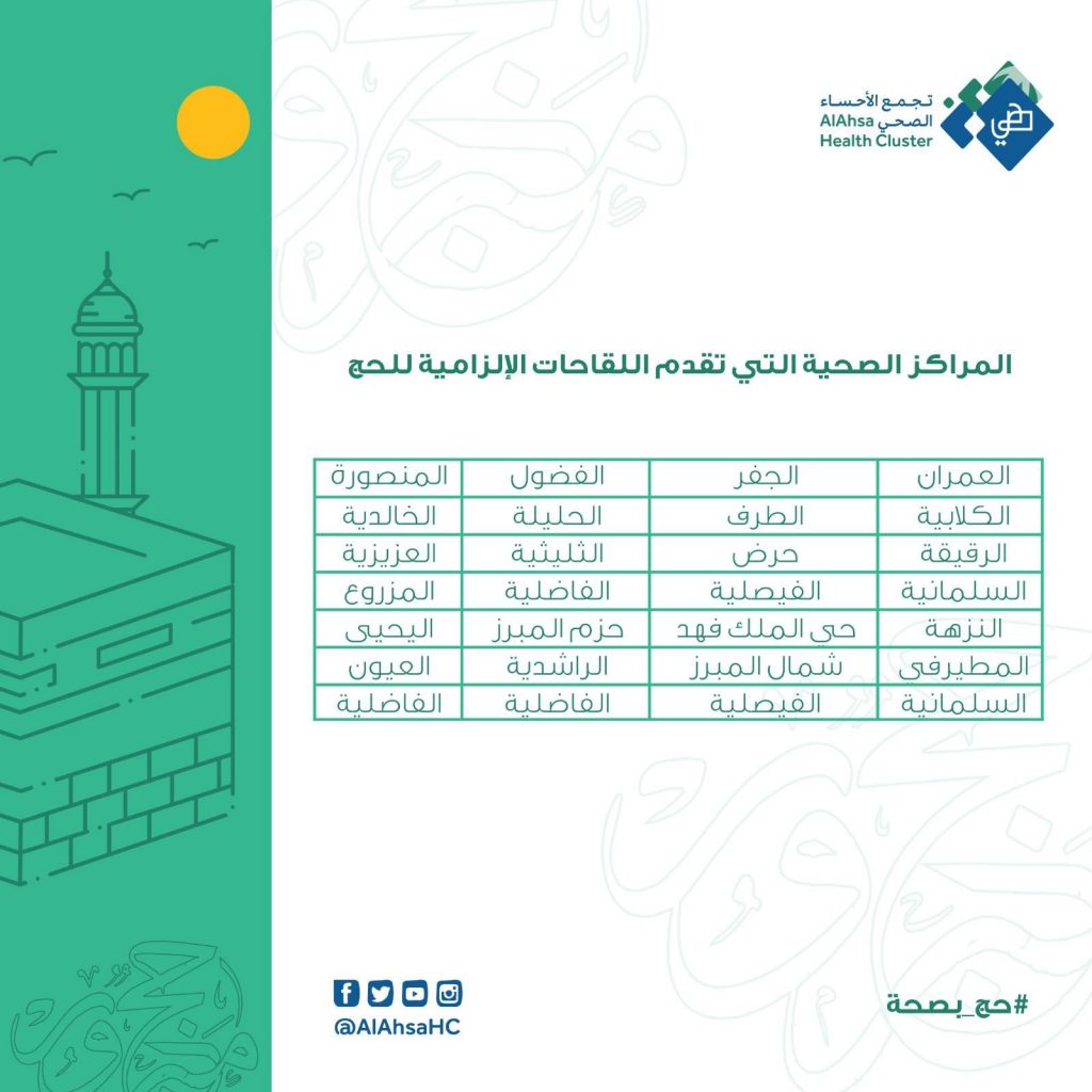 تجمع الأحساء الصحي يعلن المراكز التي تقدم اللقاحات الإلزامية للحج